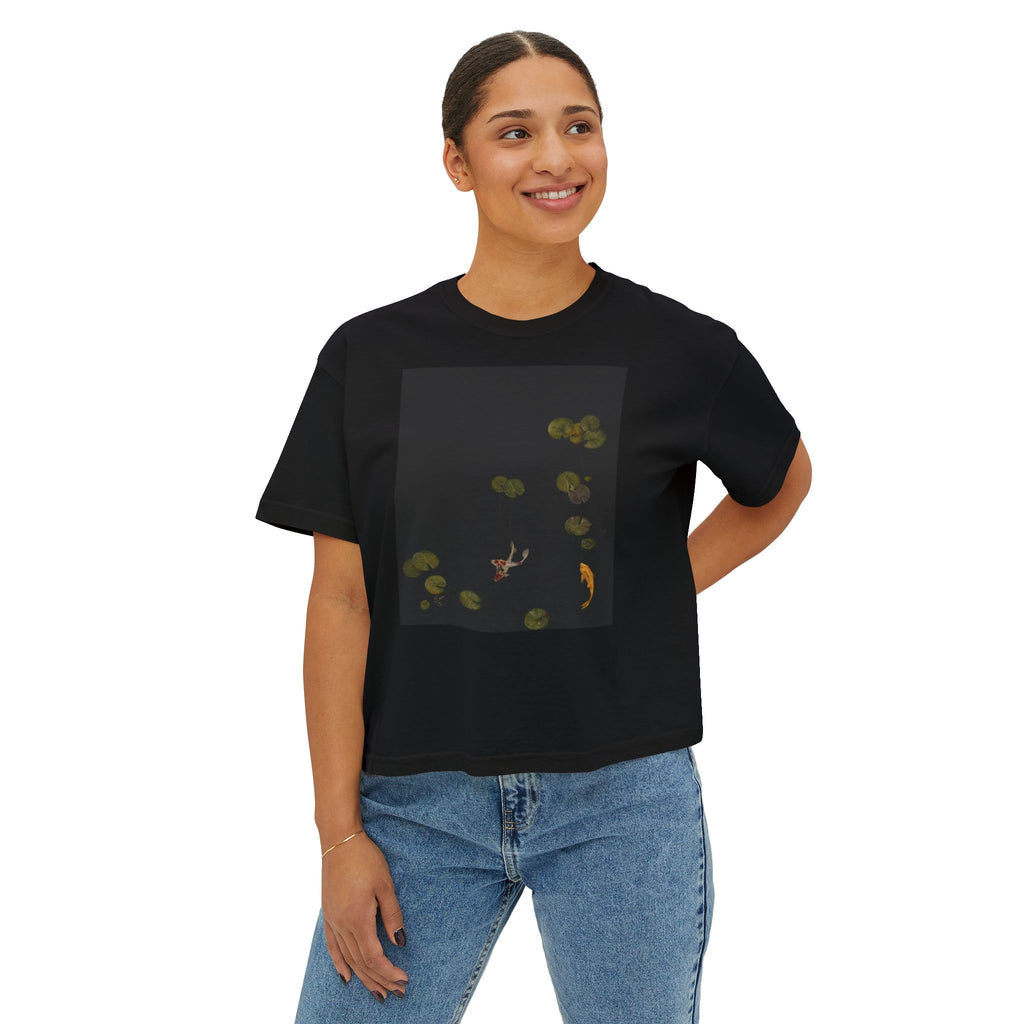 Koi Pond Women's Boxy Tee — Serene Lily Pad Koi Fish Graphic Shirt